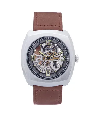 Heritor Automatic Men Gatling Leather Watch - Silver/Light Brown, 44mm