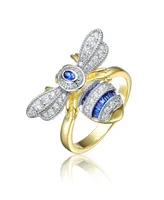 Genevive Sterling Silver 14k Yellow Gold Plated with Sapphire Cubic Zirconia Pave Wasp Ring