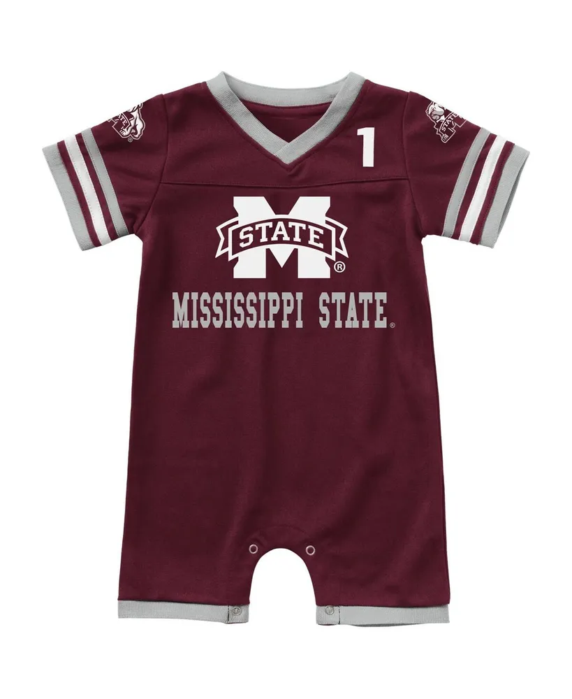 Newborn and Infant Boys Girls Colosseum Maroon Mississippi State Bulldogs Bumpo Football Logo Romper