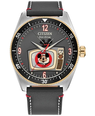 Citizen Eco-Drive Men's Mickey Mouse Club Gray Leather Strap Watch 42mm Box Set