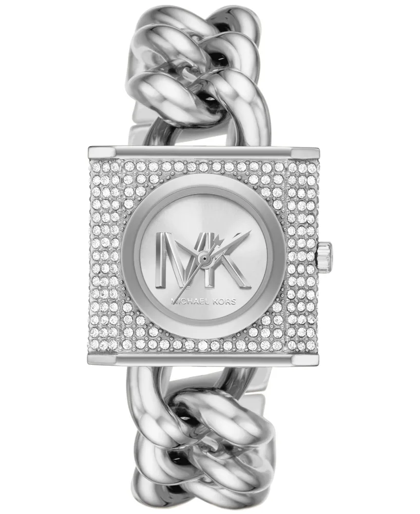 Michael Kors Women's Mk Chain Lock Quartz Three-Hand Silver-Tone Stainless Steel Watch 25mm