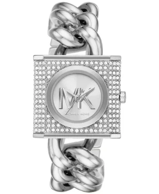 Michael Kors Women's Mk Chain Lock Quartz Three-Hand Silver-Tone Stainless Steel Watch 25mm