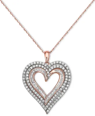 Diamond Baguette & Round Multirow Heart Pendant Necklace (1 ct. t.w.) in 10k Rose Gold, 16" + 2" extender
