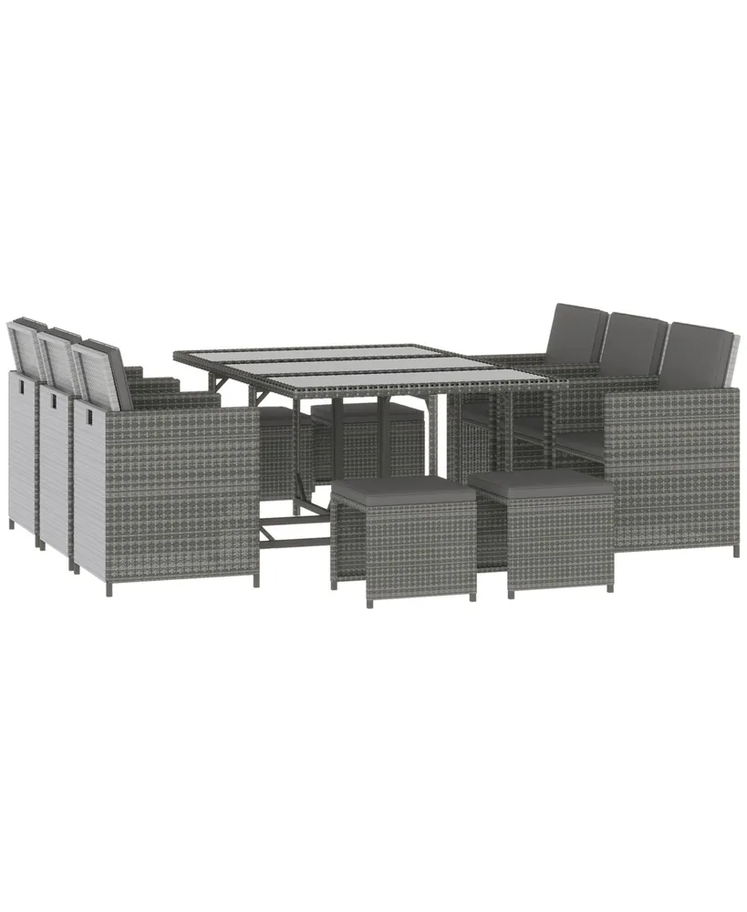 Outsunny 11 Pieces Patio Wicker Dining Sets, Space Saving Outdoor Sectional Conversation Set, with Dining Table, Ottoman and Chair & Cushioned for Law