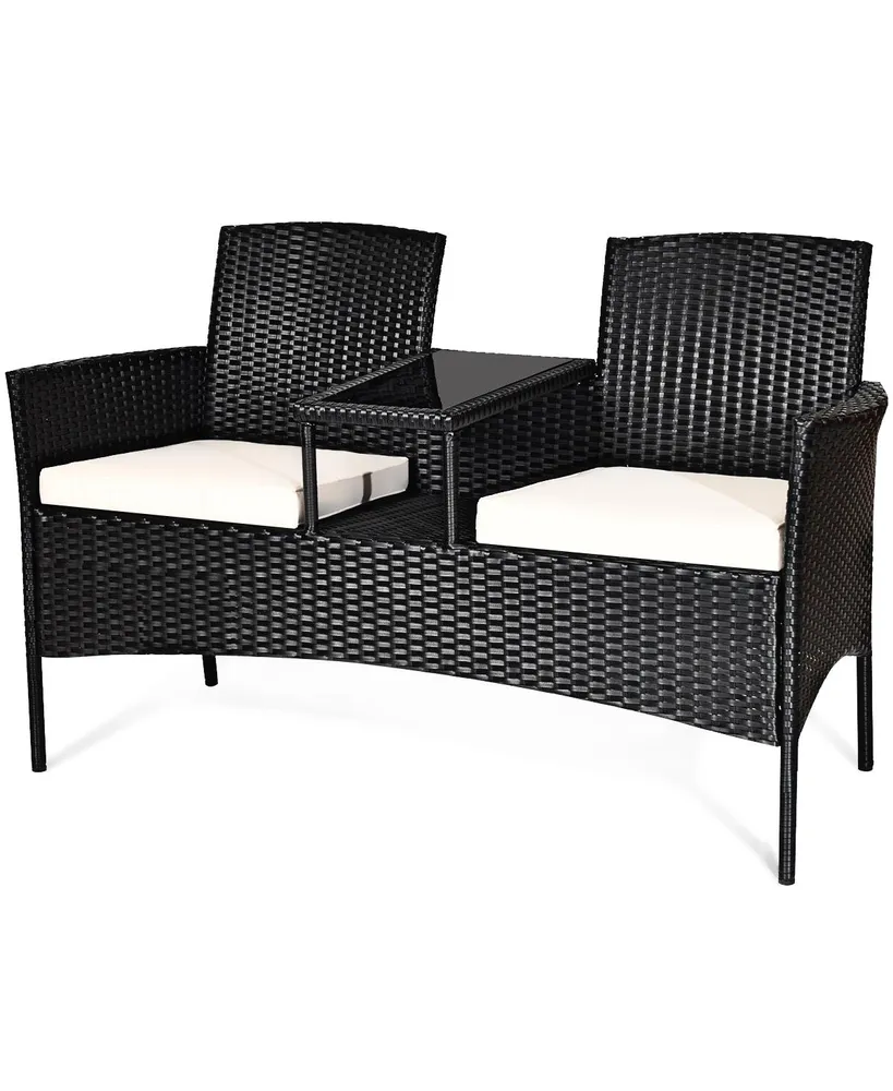 Patio Rattan Conversation Set Seat Sofa Cushioned Loveseat Glass Table Chairs