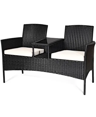 Costway Patio Rattan Conversation Set Seat Sofa Cushioned Loveseat Glass Table Chairs