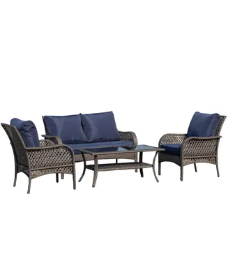 Outsunny 4-Piece Outdoor Wicker Sofa Set, Outdoor Pe Rattan Conversation Furniture with 4 Chairs & Table, Water-Fighting Material