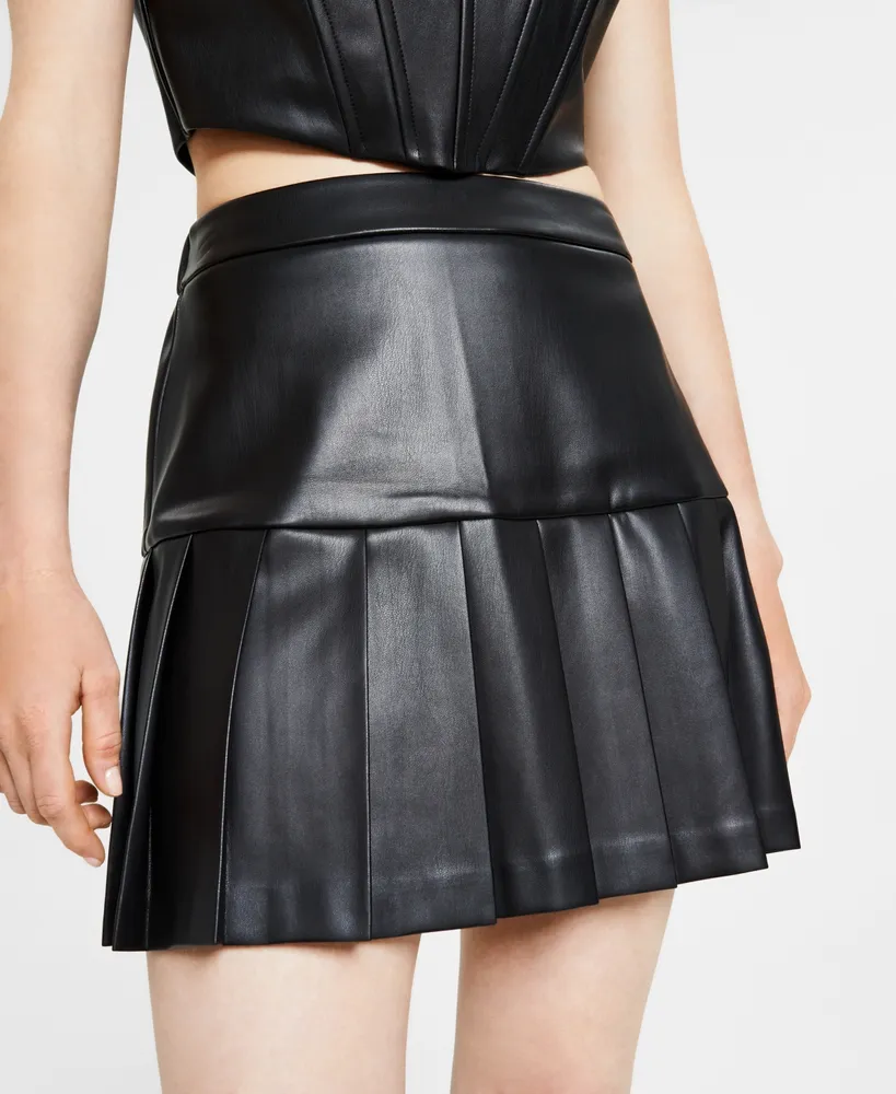 Bar Iii Women's Faux-Leather Pleated Mini Skirt, Created for Macy's