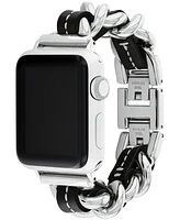 Coach Women's Silver-Tone Stainless Steel and Black Leather Chain Link Bracelet for Apple Watch, 38, 40, 41mm