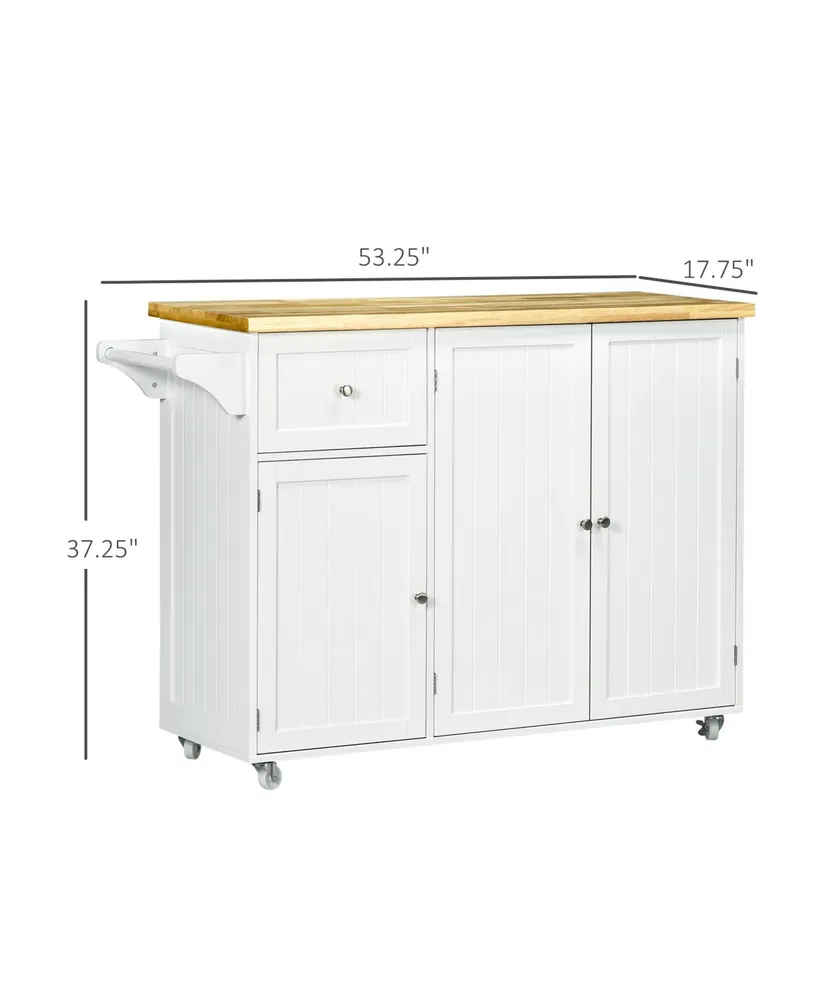 Homcom Rolling Kitchen Island on Wheels, Utility Serving Cart with Rubber Wood Top, Towel Rack, Storage Cabinets and Drawer, White