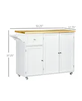 Homcom Rolling Kitchen Island on Wheels, Utility Serving Cart with Rubber Wood Top, Towel Rack, Storage Cabinets and Drawer, White