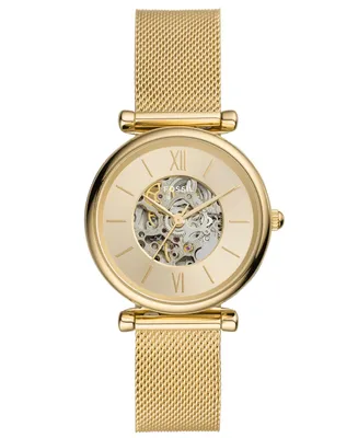 Fossil Women's Carlie Automatic Gold-Tone Stainless Steel Mesh Watch, 35mm