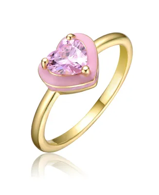 Rachel Glauber Ra Young Adults/Teens 14k Yellow Gold Plated with Pink Morganite Cubic Zirconia Enamel Halo Heart Stacking Ring