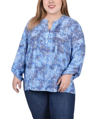 Ny Collection Plus Size Long Roll Tab Sleeve Pintuck Front Blouse