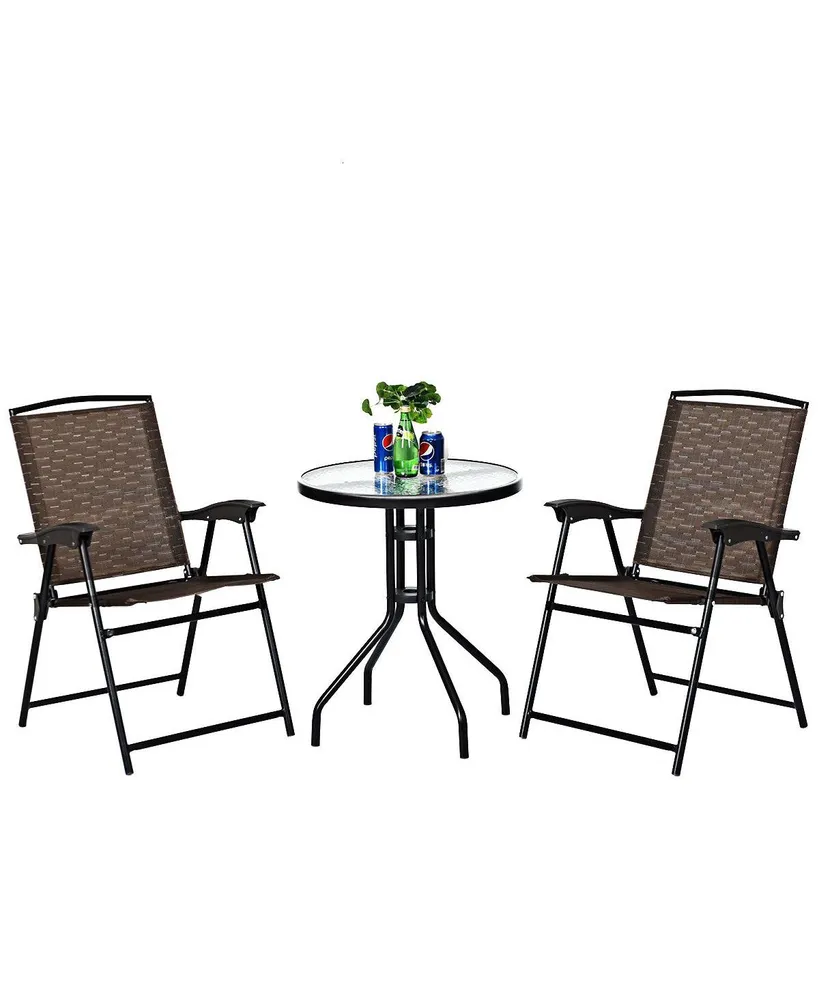 Costway 3PC Bistro Patio Garden Furniture Set 2 Folding Chairs Glass Table Top Steel