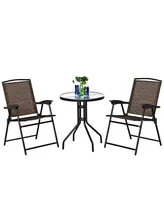 Costway 3PC Bistro Patio Garden Furniture Set 2 Folding Chairs Glass Table Top Steel