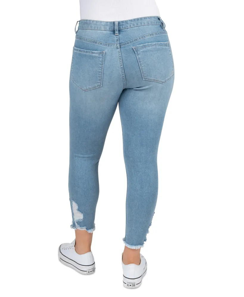 Indigo Rein Juniors' Mid Rise Button Fly Distressed Cropped Curvy Jeans