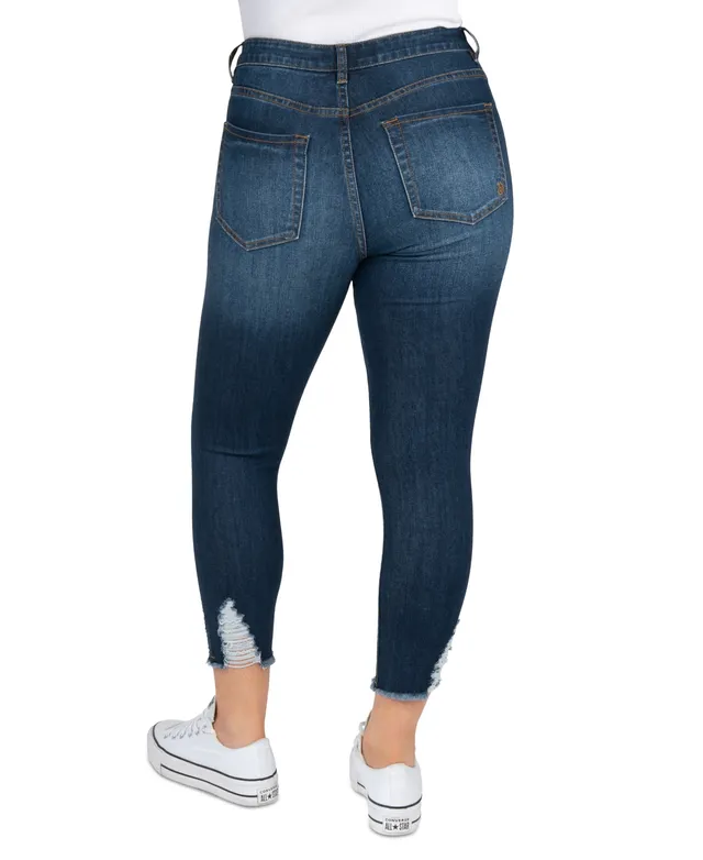 Indigo Rein Juniors' High Rise Distressed Cropped Curvy Jeans