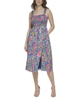 kensie Women's Printed Smocked-Bodice Dress