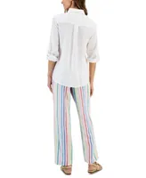 Charter Club Womens Linen Shirt Striped Linen Blend Drawstring Pants Created For Macys