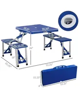 Outsunny Portable Picnic Table Set, Folding Camping Table with Four Chairs and Umbrella Hole, 4-Seats Aluminum Camping Chair with Table, Blue