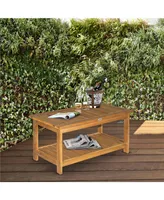 Outsunny 35.5" x 17.75" 2-Tier Acacia Wood Outdoor Table with Slat Design