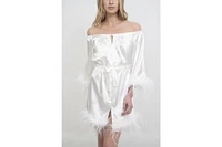 Le Laurier Bridal Women's Off-The-Shoulder Hair and Makeup Robe Feather Trim On The Sleeve Hem