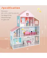 Wooden Dollhouse For Kids 3-Tier Toddler Doll House W/Furniture Gift For Age 3+