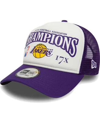 Men's New Era White, Purple Los Angeles Lakers 17x League Champs Commemorative 9FORTY Trucker Snapback Hat
