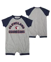 Newborn and Infant Boys Girls Heather Gray Cleveland Guardians Extra Base Hit Raglan Full-Snap Romper