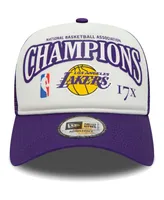 Men's New Era White, Purple Los Angeles Lakers 17x League Champs Commemorative 9FORTY Trucker Snapback Hat