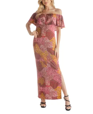 24seven Comfort Apparel Women's Wide Neckline Long Side Slit Dress