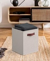 Foldable Linen Storage Cube Bin with Leather Handles - Set of 6