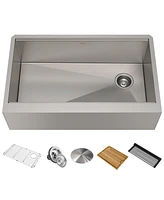 Kraus Kore in. Workstation Farmhouse Flat Apron Front 16 Gauge Single Bowl Stainless Steel Kitchen Sink with Accessories