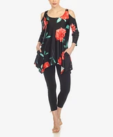 White Mark Women's Floral Printed Cold Shoulder Tunic Top