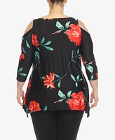 White Mark Plus Floral Printed Cold Shoulder Tunic Top