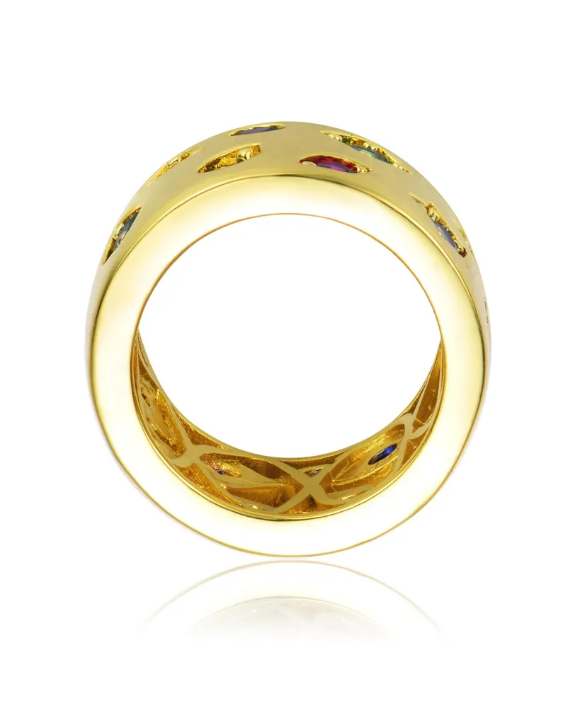 Rachel Glauber Radiant 14K Gold Plated Wide Band Ring with Spotted Multi-Colored Cubic Zirconia