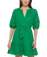 Vince Camuto Women's Eyelet Balloon-Sleeve Tasseled-Drawstring Dress