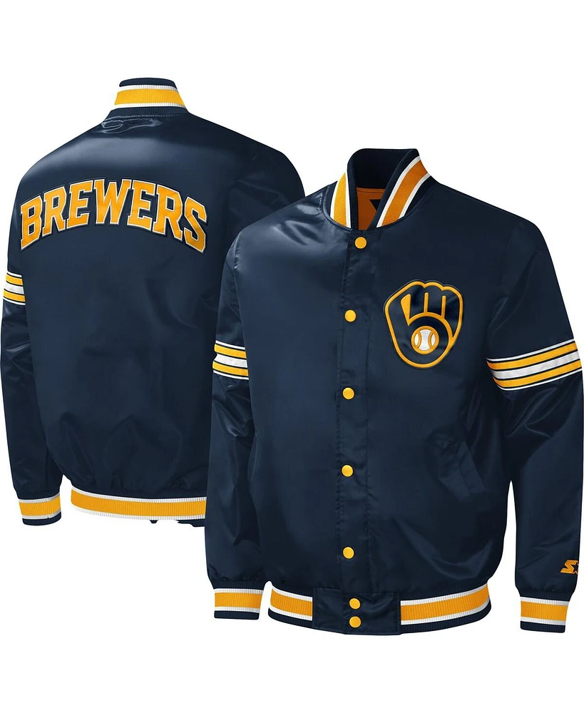 Men's Starter Navy Milwaukee Brewers Midfield Satin Full-Snap Varsity Jacket