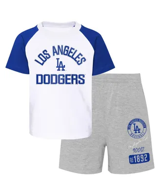 Infant Boys and Girls White, Heather Gray Los Angeles Dodgers Ground Out Baller Raglan T-shirt Shorts Set