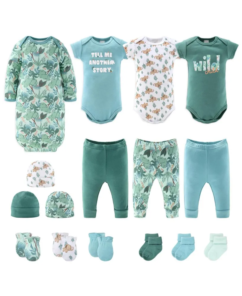 The Peanutshell Newborn Layette Gift Set for Baby Boys or Baby Girls, Blue Green Wild Jungle, 16 Essential Pieces,