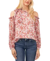 CeCe Women's Long Sleeve Cold-Shoulder Bow Floral-Print Blouse