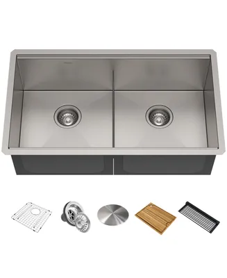 Kraus Kore 33 in. Workstation Under mount 16 Gauge 50/50 Double Bowl Stainless Steel Kitchen Sink with Accessories