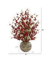 Nearly Natural 30in. Cherry Blossom Artificial Arrangement in Stoneware Vase with Gold Trimming