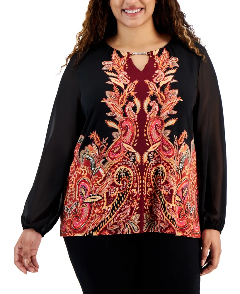 Jm Collection Plus Printed Chiffon-Sleeve Embellished-Neck Top