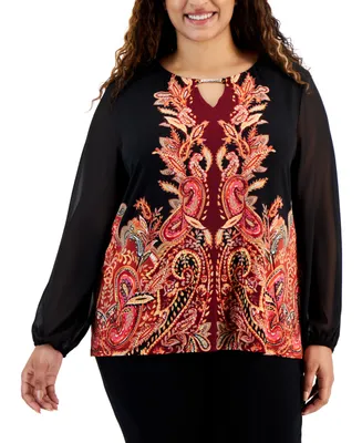 Jm Collection Plus Printed Chiffon-Sleeve Embellished-Neck Top, Created for Macy's