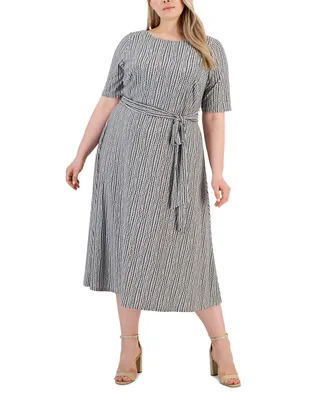 Kasper Plus Size Printed Fit & Flare Tie-Waist Knit Midi Dress