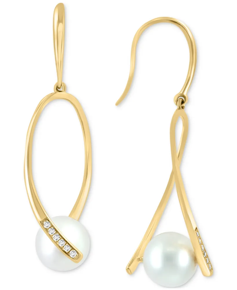 Effy Freshwater Pearl (7-1/2mm) & Diamond (1/20 ct. t.w.) Drop Earrings in 14k Gold