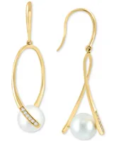 Effy Freshwater Pearl (7-1/2mm) & Diamond (1/20 ct. t.w.) Drop Earrings in 14k Gold