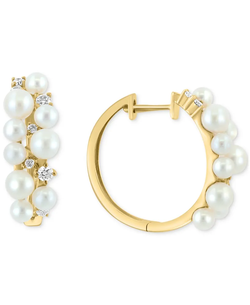 Effy Freshwater Pearl (3-4mm) & Diamond (1/3 ct. t.w.) Small Cluster Hoop Earrings in 14k Gold, 0.75"